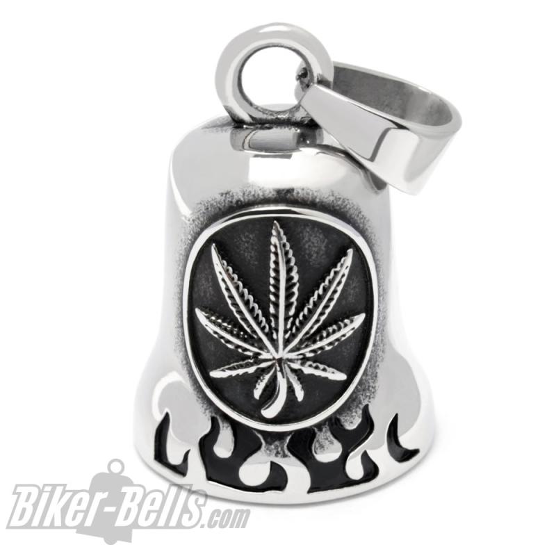 Hanfblatt Biker-Bell aus Edelstahl mit Flammen Weed Leaf Ride Bell Glücksbringer